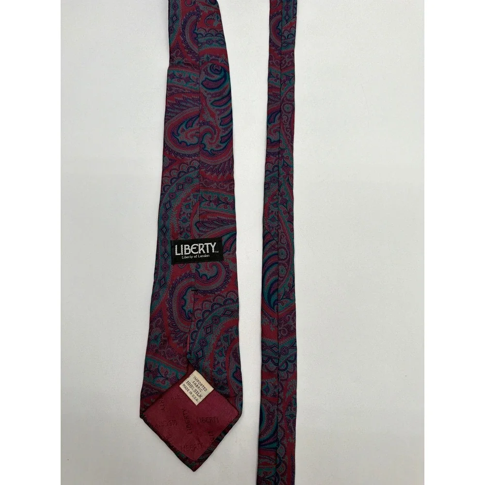 Liberty of London Mens Silk Paisley Tie Burgundy Teal Made in USA 58 Inch